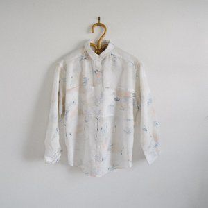Vintage 80s White Lightweight Abstract Print Button Up